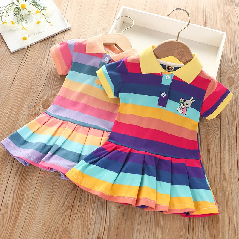 Vestito da Principessa per Bambine, Moda Estiva, Manica Corta con Ricamo Coniglietto e Strisce Arcobaleno - immagine 2