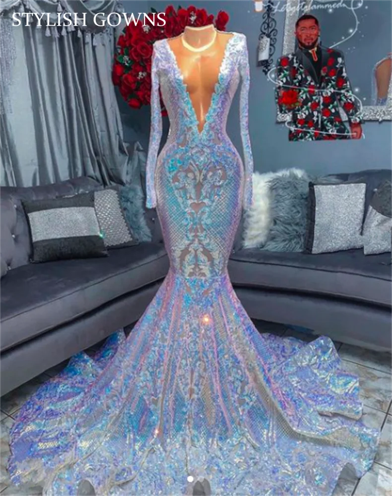 

African Colorful Sparkly O Neck Long Prom Dress Sequined Party Dresses Mermaid Evening Gown Black Girls Abito Cerimonia Donna