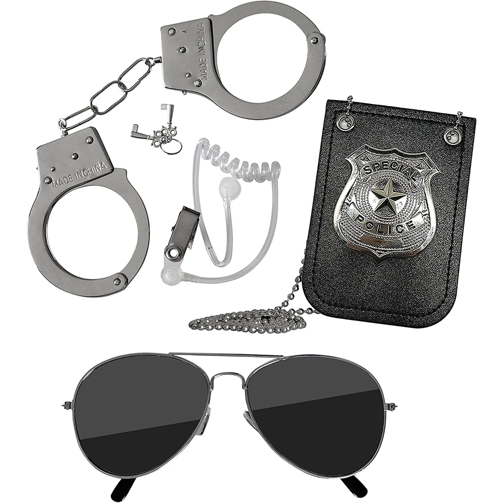 QOUBNIC Set De 6 Accesorios De Agente Secreto – Gafas, Auricular, Placa ID, Corbata Y Tarjetero, Ideal Para Cosplay Y Fiestas De Disfraces
