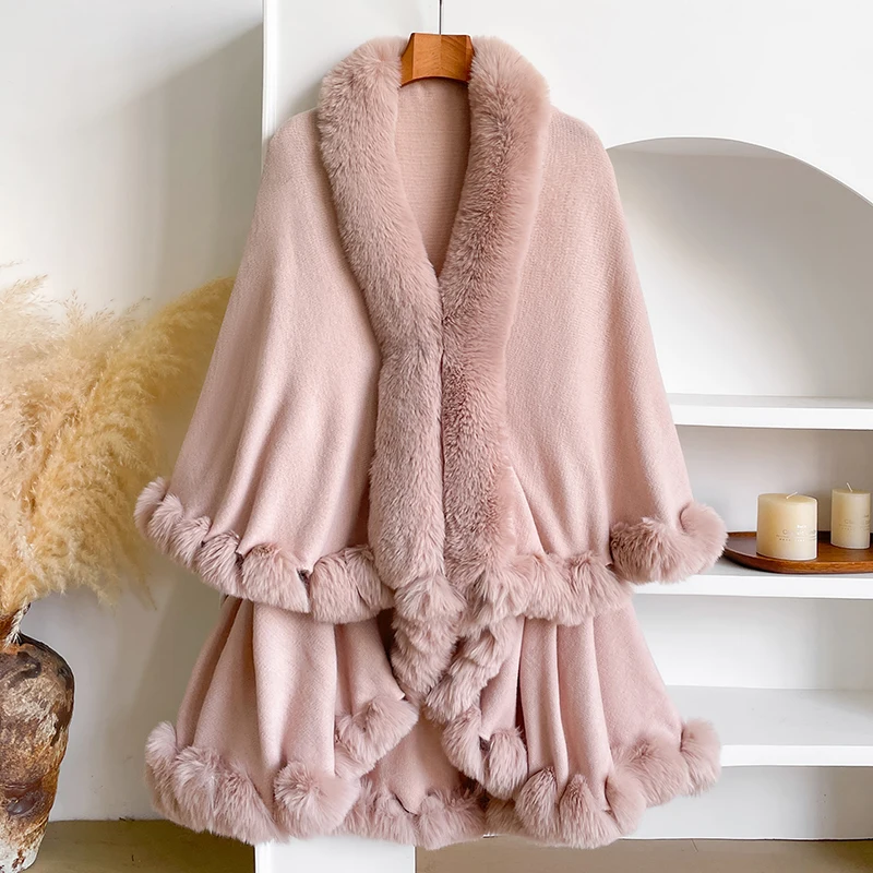 New Winter Thicken Mink Wool Full Trims Faux Fur Cape for Women - Hooded Loose Fleece Cloak Coat Party Dress Wraps Warm