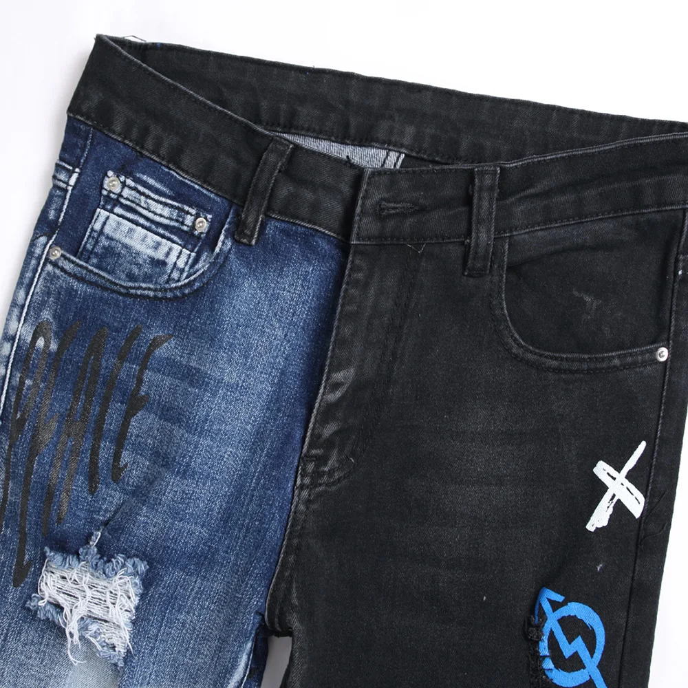 Men Spliced Stretch Denim Jeans Streetwear Punk Check Print Rivet Pants Holes Ripped Distressed Letters Painted Trousers