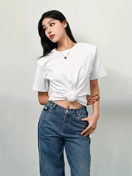 Y2K knotted twist knitted threaded round neck Top women fashionable and versatile navel padded shoulder short-sleeved T-shirt 1