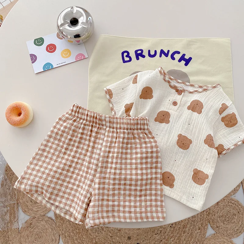 

Детский мультяшный комплект, летняя футболка, клетчатые штаны и домашняя одежда для мальчиков и девочек от 0 до 5 лет, комплект из двух предметов