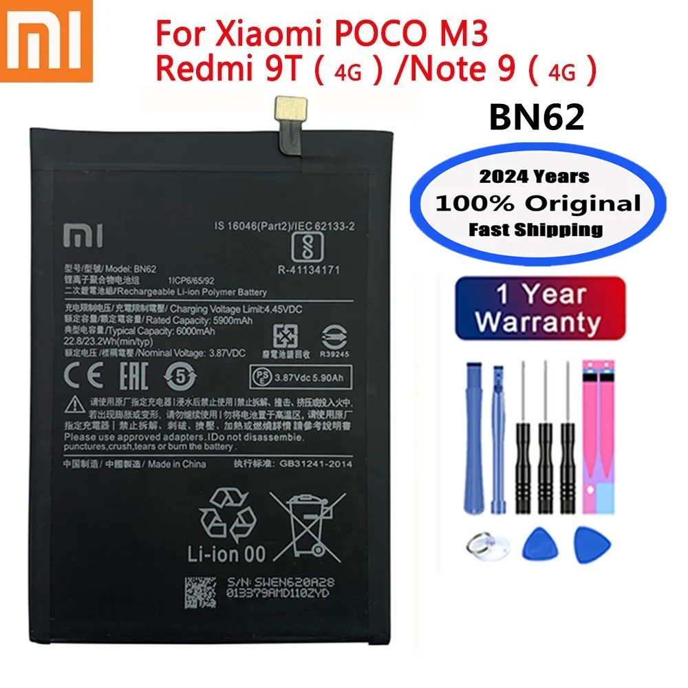 

2024 Years BN62 100% Original Battery For Xiaomi Redmi Note 9 4G / Redmi 9T / POCO M3 6000mAh Phone Bateria Batteries Fast Ship