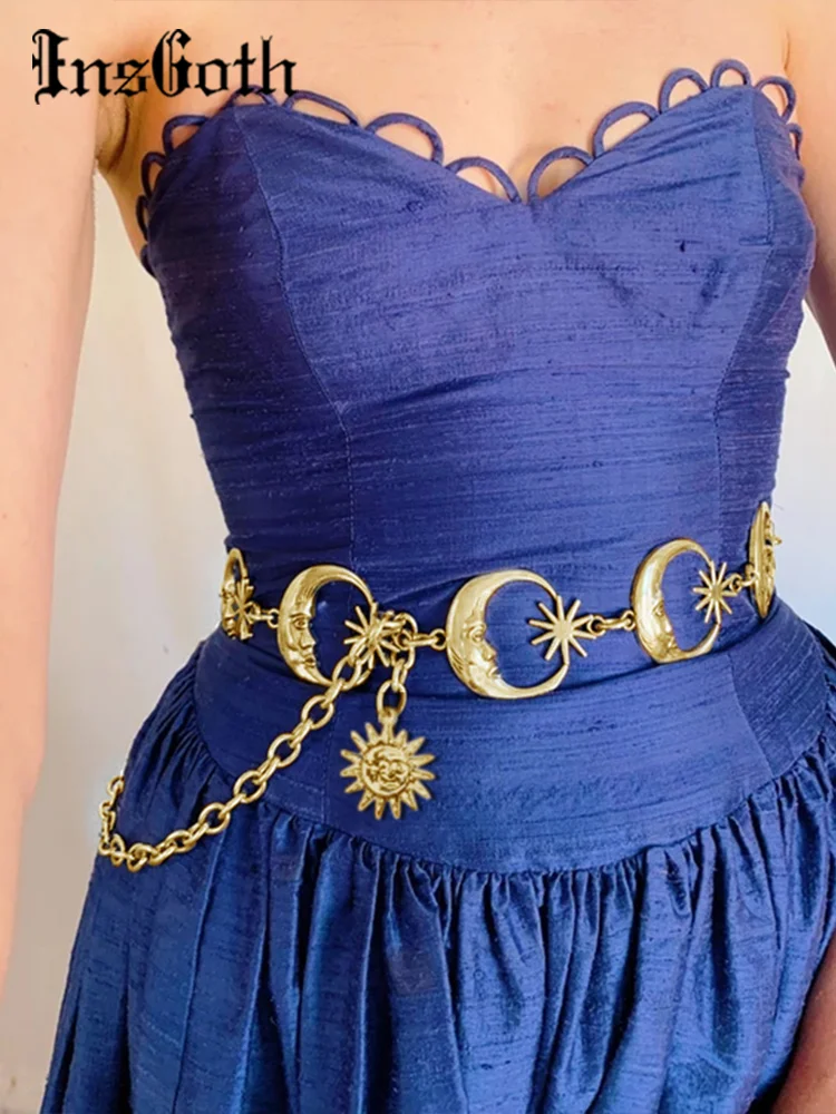 

Ремень InsGoth, металлический, в стиле Харадзюку, в готическом стиле, с золотой луной, поясные цепные ремни, аксессуары в готическом стиле