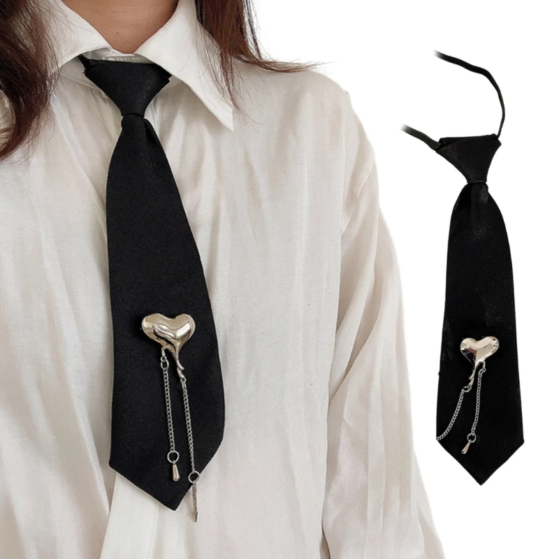 

Personality Pre-Tied Necktie Metal Tassel Cute Heart Uniform Black Neck Ties