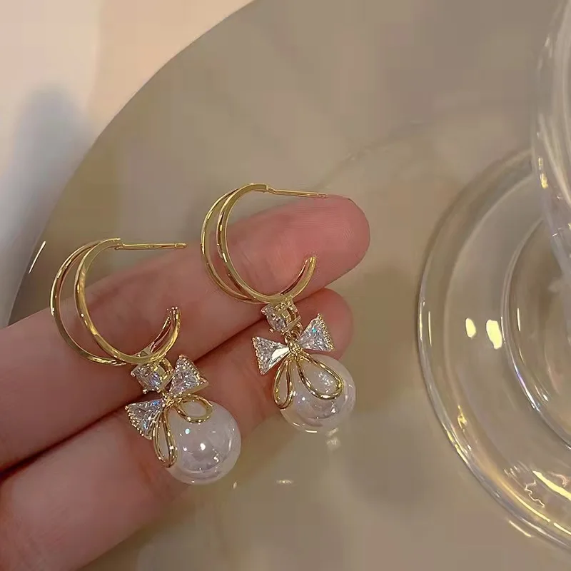 Crystal Zircon Bow Pendant Earrings for Women Party Girl Imitation Pearl Dangle Luxury drop earrings dangle earrings pearl earrings crystal earrings pendant earrings