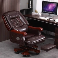 Leather Chair First Layer Cowhide Large Business Reclining Office Chair Solid Wood Massage Chaises De Bureau Lounge Furniture 1