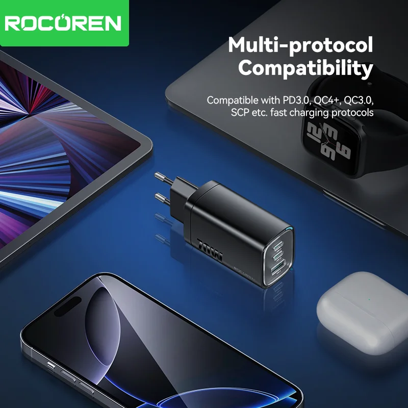 Rocoren 65W GaN USB Type C Charger QC PD 3.0 USBC Fast Charging USB Charger For iPhone 16 Pro Xiaomi Macbook Samsung S25 Laptop Best Sellers In Phones Accessories