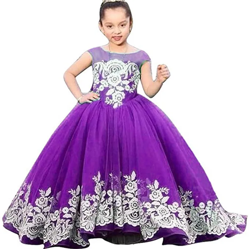 

Flower Girl Dresses Appliques Baby Girls Party Cap Sleeves Ground Length Puffy Princess Dress Bow First Communion Gown