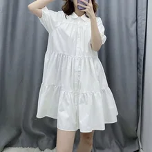 

Summer Short Sleeved Shirt Collar Wide White Dress 2022 New Slim Above Knee Lapel Button Plain Simple Women's One-piece Dress