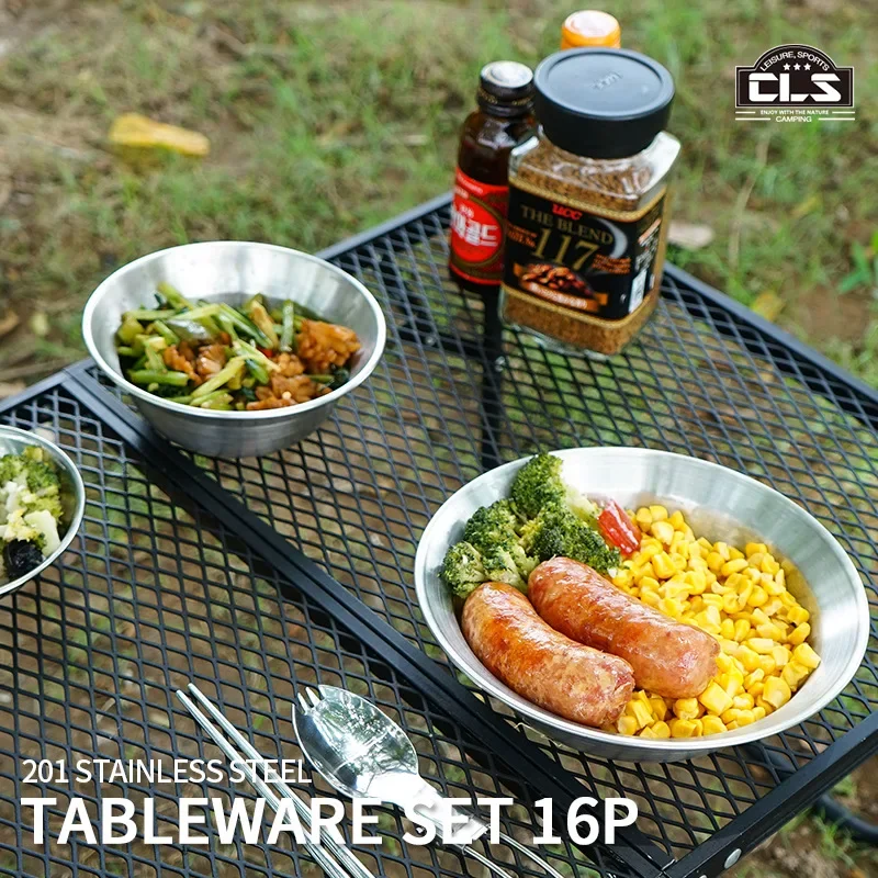 Outdoor Stainless Steel Dinnerware Set 16 Pieces Camping Portable Barbecue Plate Home Use Soup Bowl Plate