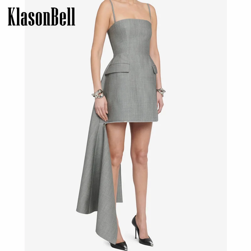 

12.3 KlasonBell Fashion Temperament Grey Color Asymmetrical Design Zipper Spaghetti Strap Strapless Slim Maxi Dress Women