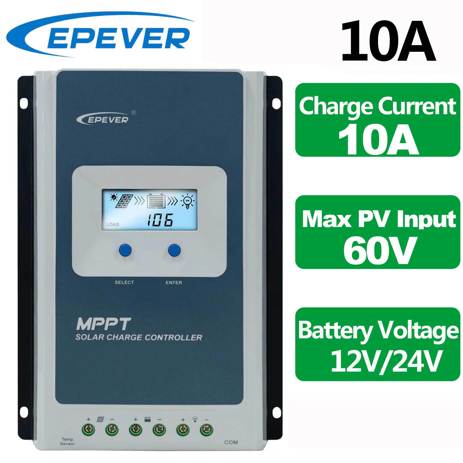 EPEVER 10A MPPT Solar Charge Controller Battery Voltage 12V 24V Max PV Input 60V
