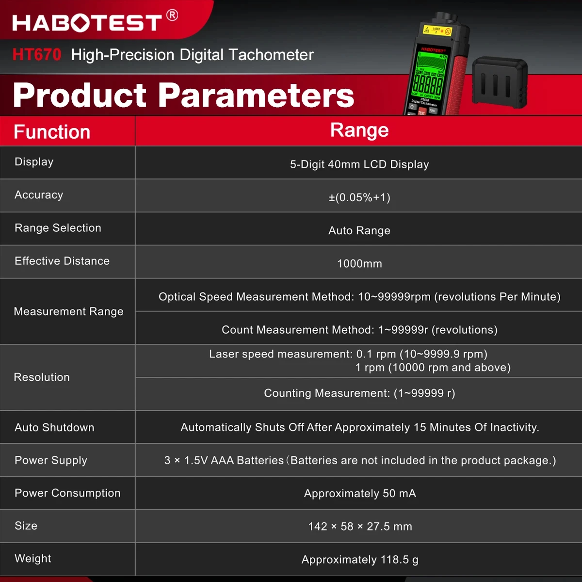 HABOTEST HT670 디지털 레이저 타코미터 비접촉식 RPM 미터 2.5-99999RPM 모터 엔진 속도 측정용 LCD 백라이트 포함