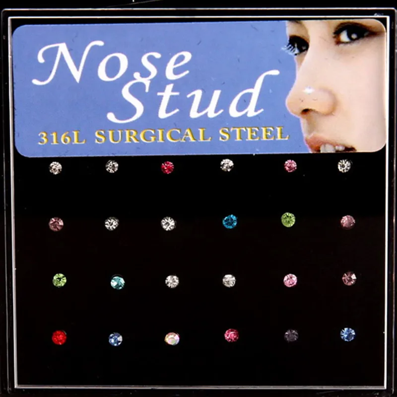 Piercing Jewelry 24pcs Crystal Nose Ring & Studs Fashion Body Women Girl Stainless Surgical Steel Nose Piercing Colorful Rhinestone