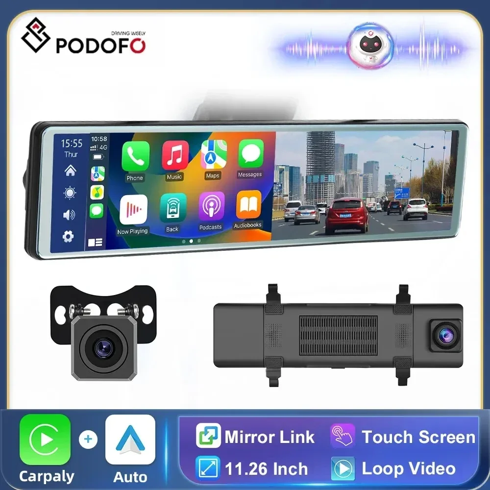 Podofo 자동차 모니터 대시보드, 4K 전면 카메라 카플레이, 안드로이드 자동 드라이브 녹음기, 와이파이 대시 캠, 에어플레이, 안드로이드 캐스트 DVR, 6.25 인치 