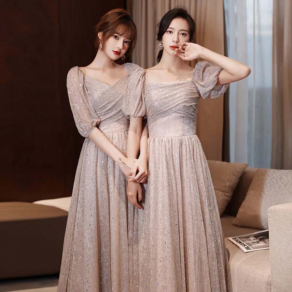 

Elegant 4 Styles Champagne Bridesmaid Dress Women's 2024 New Sequins Cross Pleated Design Lace Up Wedding Party Guest Vestido