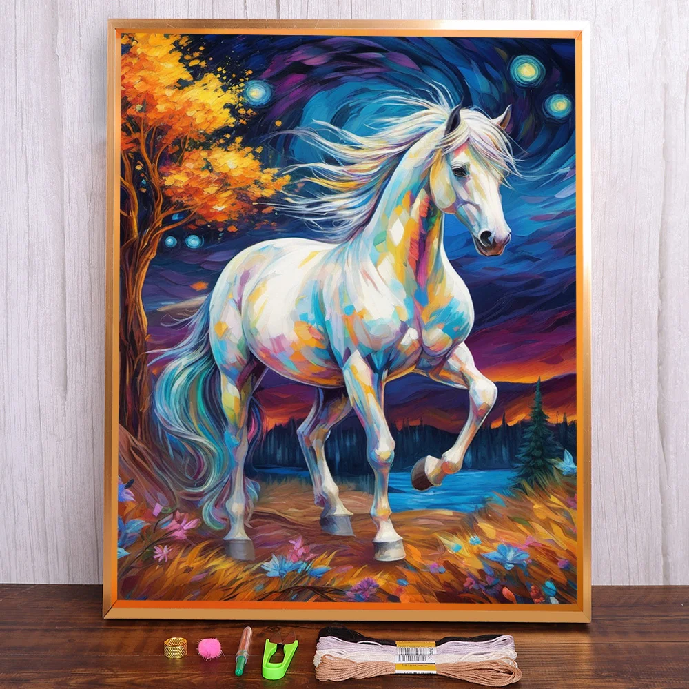 Sternennacht-Pferd, bedruckte Leinwand, Kreuzstich, komplettes Kit, DIY-Stickerei, Malerei, Handarbeit, Hobby, Nähen, Zahnseide, Raumdekoration, Schmuck