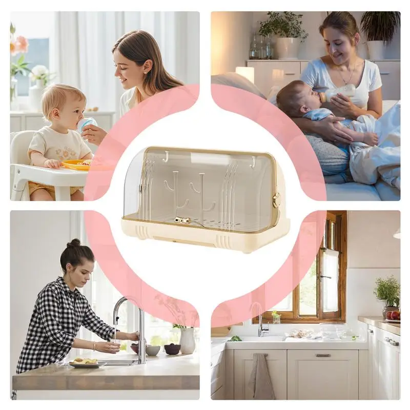 Baby Bottle Drying Rack with Cover Nursing Bottle Storage Box with Removable Drain Tray Feeding Station for Kitchen Cabinet