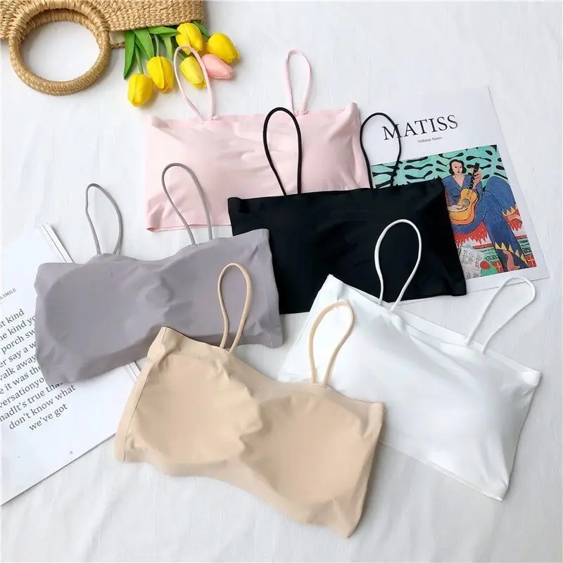 Women Nylon Spaghetti Straps Basic Cropped Tank Top Slim Camis Fitness Underwear Sweet Solid Tube Top 2022 Summer 2-Piece Set ladies bra