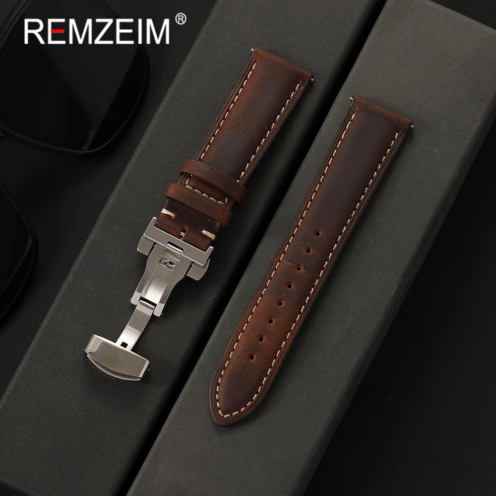 Men's Premium Crazy Horse Leather Watch Band with Quick Release Butterfly Clasp