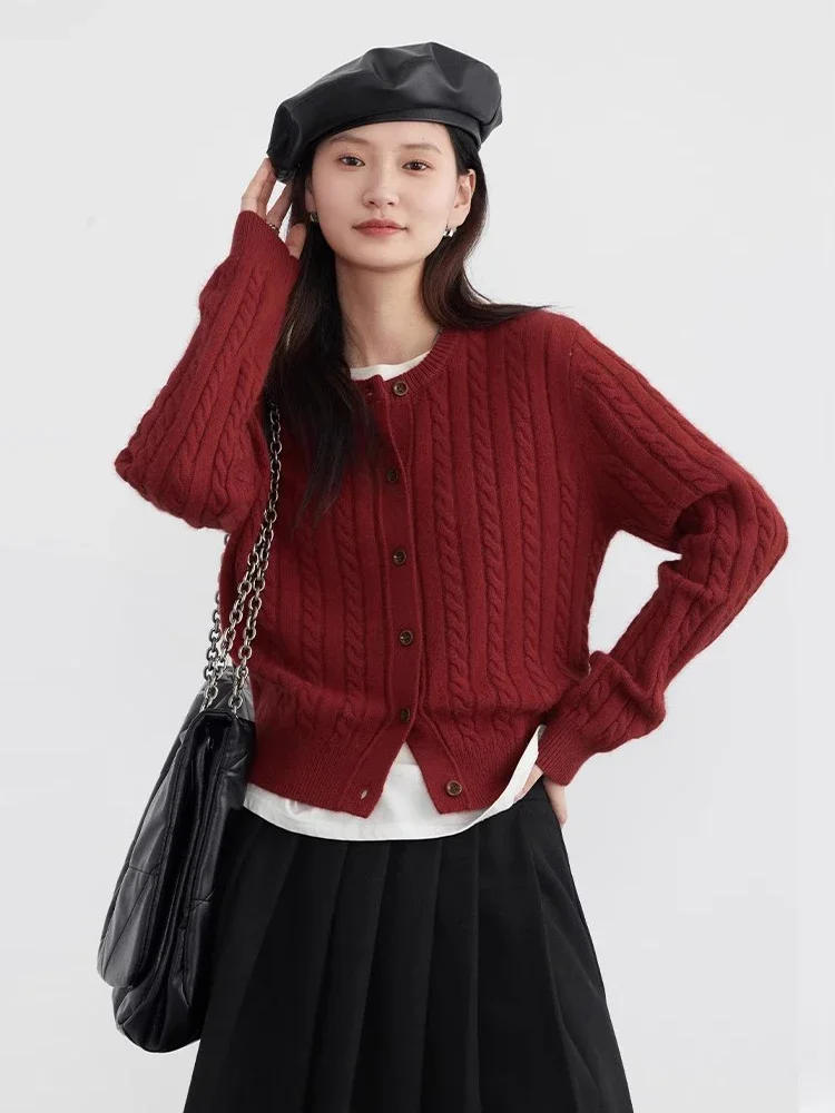 CHIC VEN Women Cardigan Casual Red  Round Neck Twisted Raccoon Hair Female Knitted Sweaters Ladies Jumpers Spring Autumn 2024 6