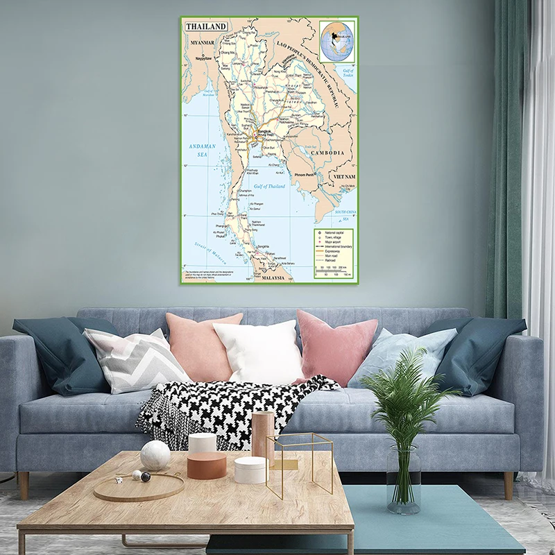 100*150cm Map of The Thailand Wall Decorative Poster Non-woven Canvas Painting Art Print Living Room Home Decor School Supplies