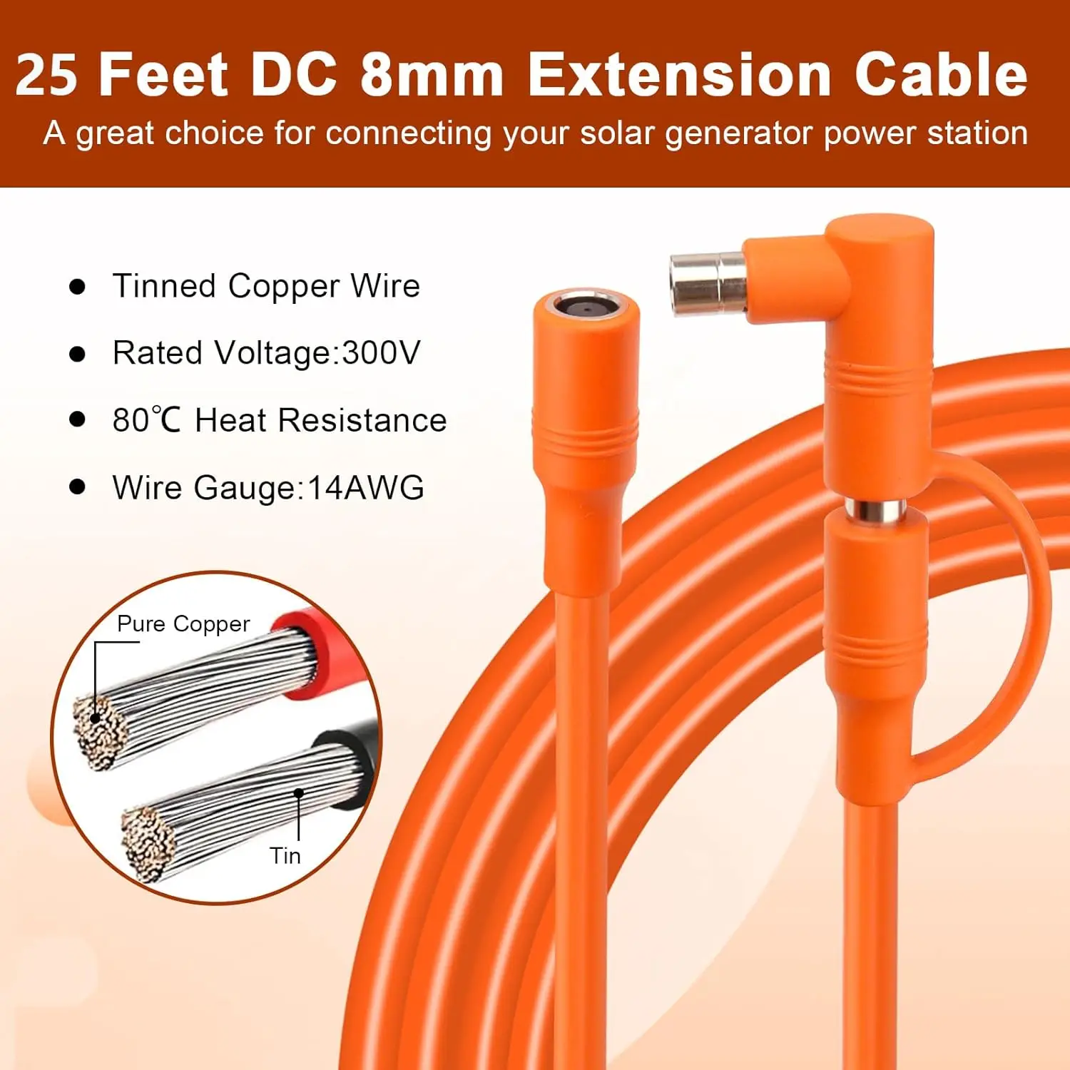 25FT 14AWG DC 8mm 태양광 연장 케이블, DC7909 여성형에서 DC8020 남성형 어댑터