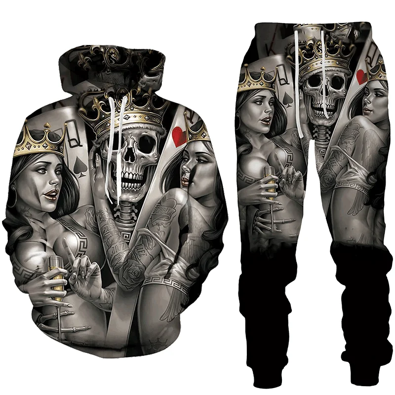 Punk 3D Skull Printed Hoodies Pants Suits Cool Mens Womens Fashion Autumn Winter Casual Pullover Sweatshirts Sets Street Style