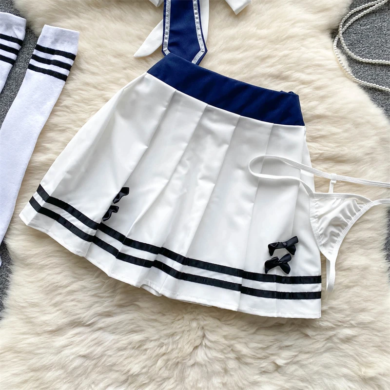 White Sailor Collar Straps Short JK Uniform Sweet Erotic Girls Cosplay Suits Tops Pleated Skirt Lingerie Sexy Sets Matching New
