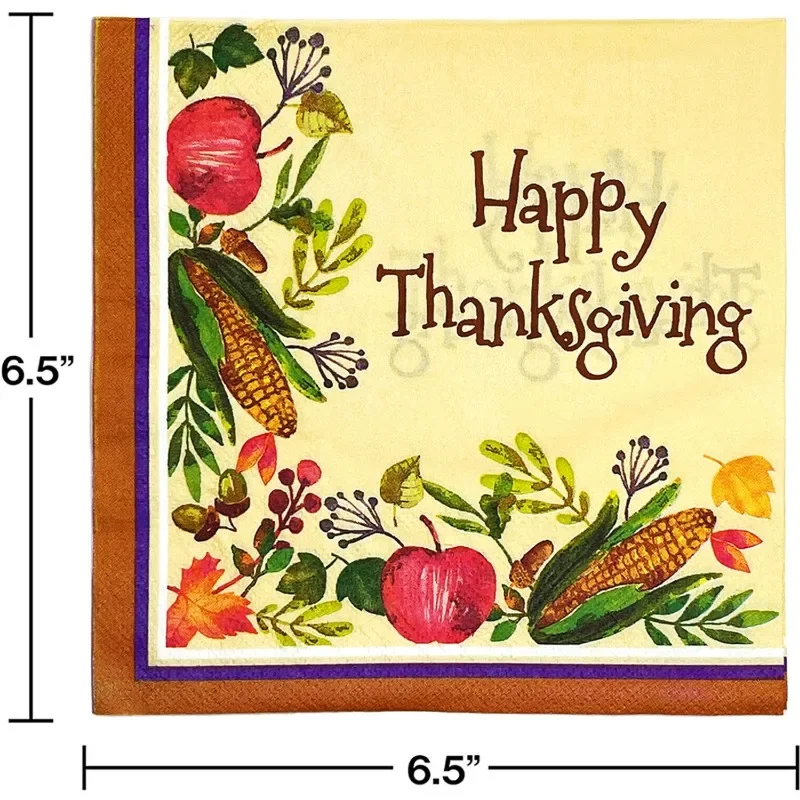 10/20pcs 33cm Thanksgiving Elements Corn Maple Leaf Vegetables Fruit Brown Edge Yellow Background Thanksgiving Coloured Napkins