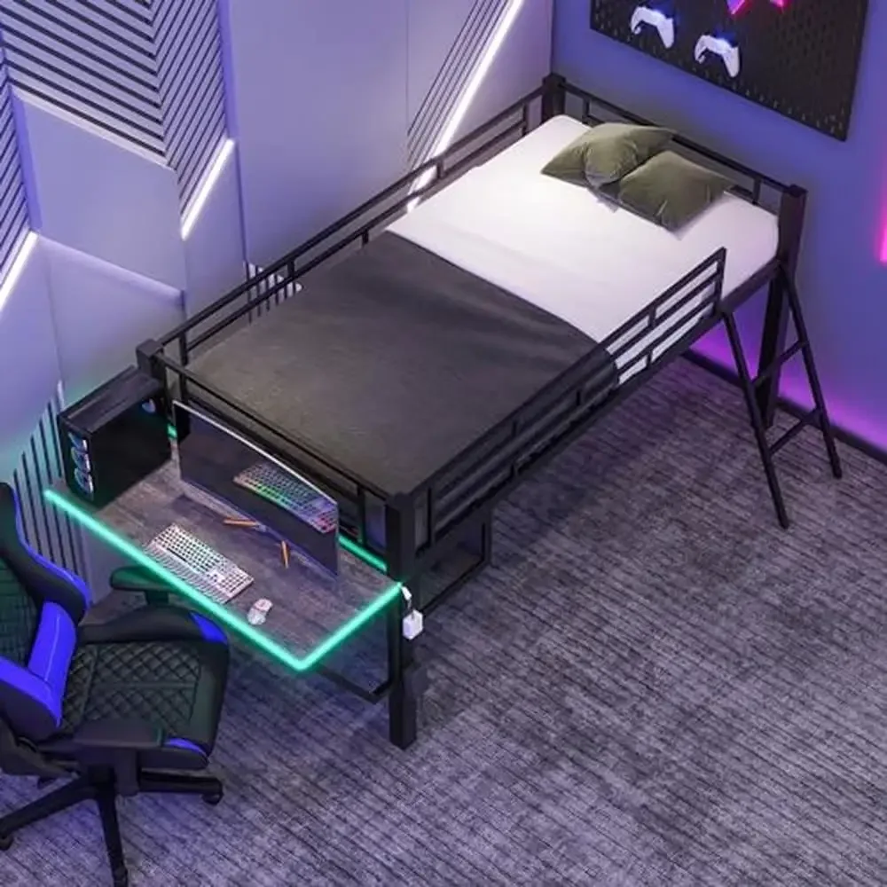 Twin Size Metal Loft Bed with Desk LED Lights Storage Staircase Black Modern Assembly