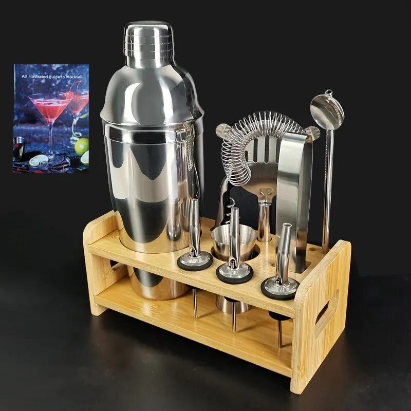 750ml/600ml Stainless Steel Cocktail Shaker Set Barware Tools with Wooden  Rack