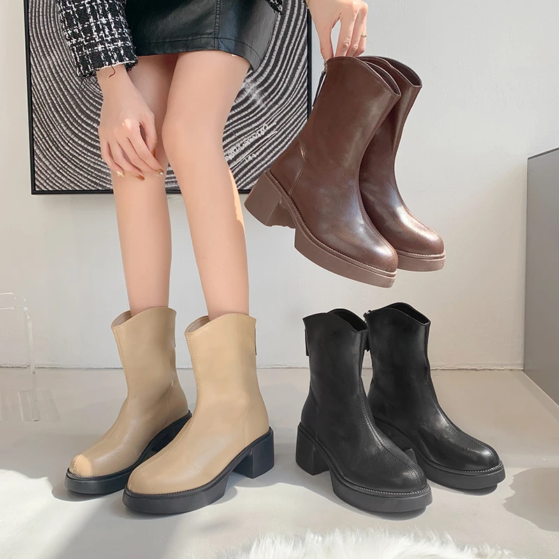 2023 Fashion Spring and Autumn Women's Chunky Heel Short Boots Pu Material One-foot Women's Platform Boots Large Size 35-40