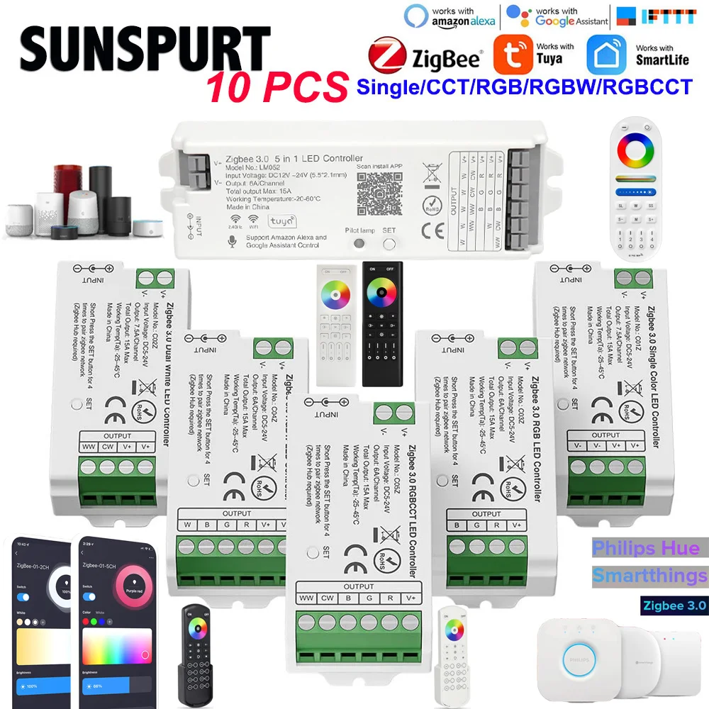 1-10P Zigbee Led 3.0Ghz Driver 5 In1 Cct Rgb Rgbw Rgbcct Dimmer Led Strip Hue Bridge Tuya Dual Mode Gateway Dc5V-24V Smart Things