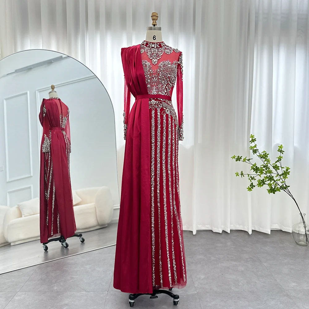 

Scz119 Jancember Crystal Dubai Muslim Evening Dress With Overskirt Gray Arabic Formal Dresses For Women Wedding Party