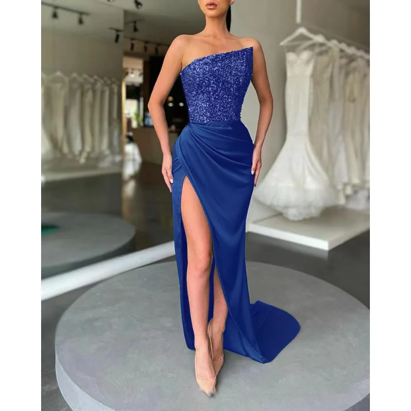 

2023 New Sequined Classic Prom Luxurious Evening Party Dresses Strapless Sleeveless Mermaid Chiffon Floor-Length Dress Women