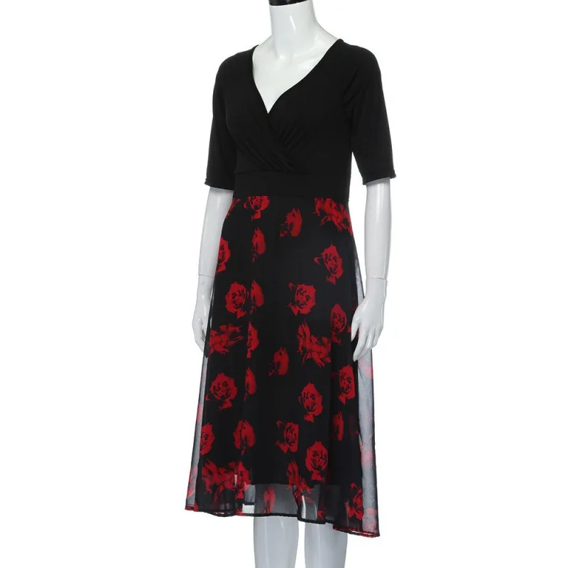Plus Size Temperament Women's Clothing Black Splicing Floral Digit Print Summer V-Neck Short Sleeve Pullover Midi Princess Dress