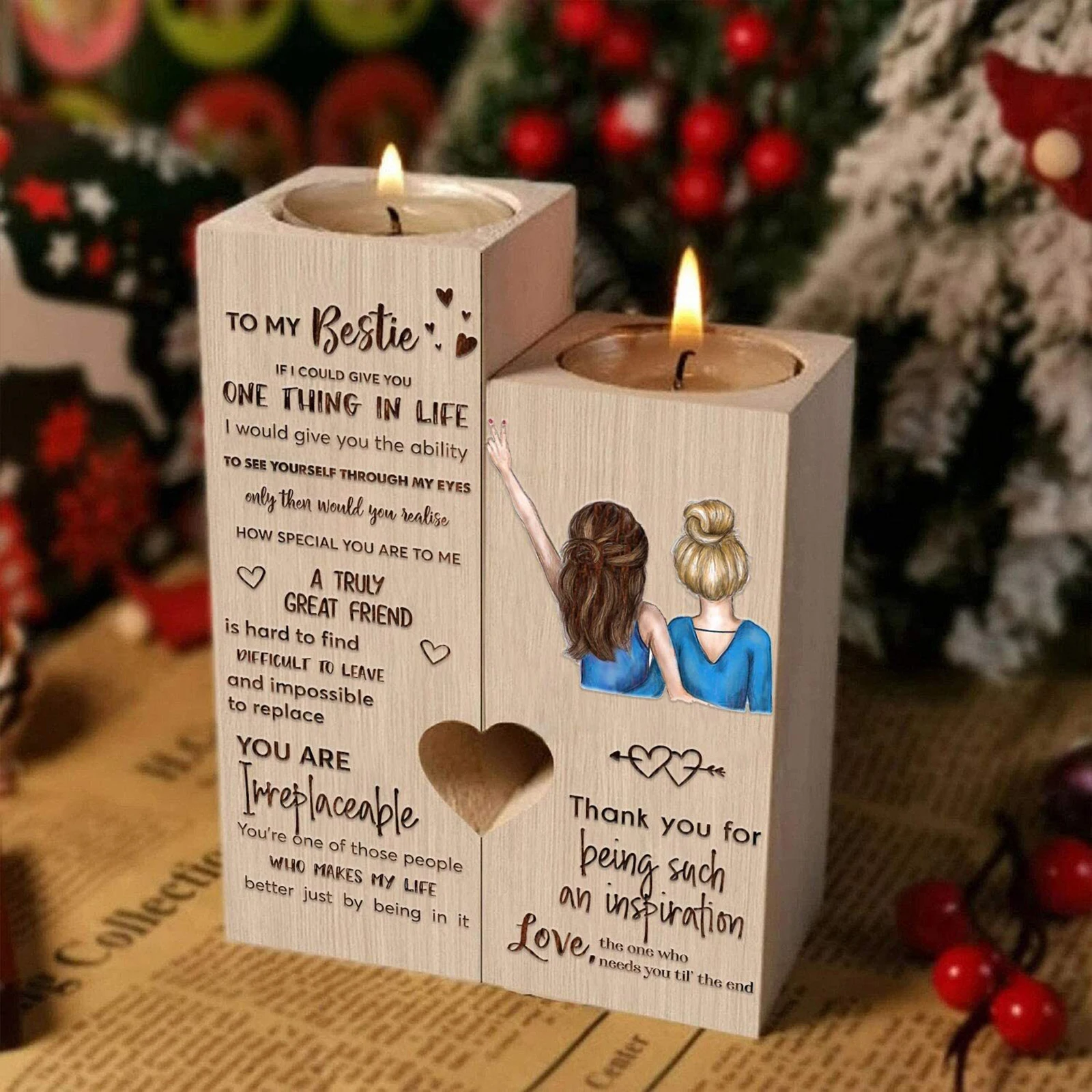 

Wood Candle Holders For Table Double-Sided Printing Candlesticks-Gifts For Best Friend Heart Shaped Candle Holder