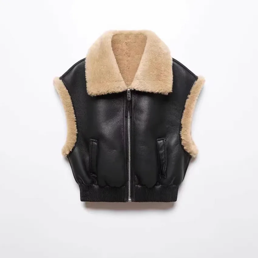 

Winter New Integration Vest Lamb Fur Fleece Warm Double Sided Sheepskin Sleeveless Short Coat Lapel Loose Waistcoat Vest