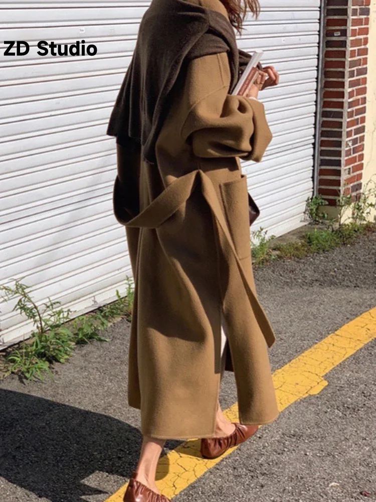 

[ZD Studio] 2023 Autumn And Winter New Korean Retro Casual All-in-one Super Loose Long Woolen Coat Coat Woman