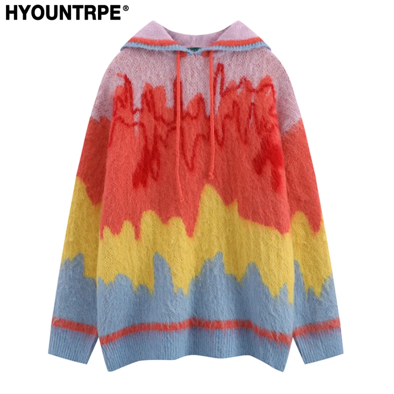 Fashion Colorful Knitted Hooded Sweater Unisex Harajuku Sweater Warm Furry Pullover Streetwear Sweaters Hoodies Jumpers Knitwear