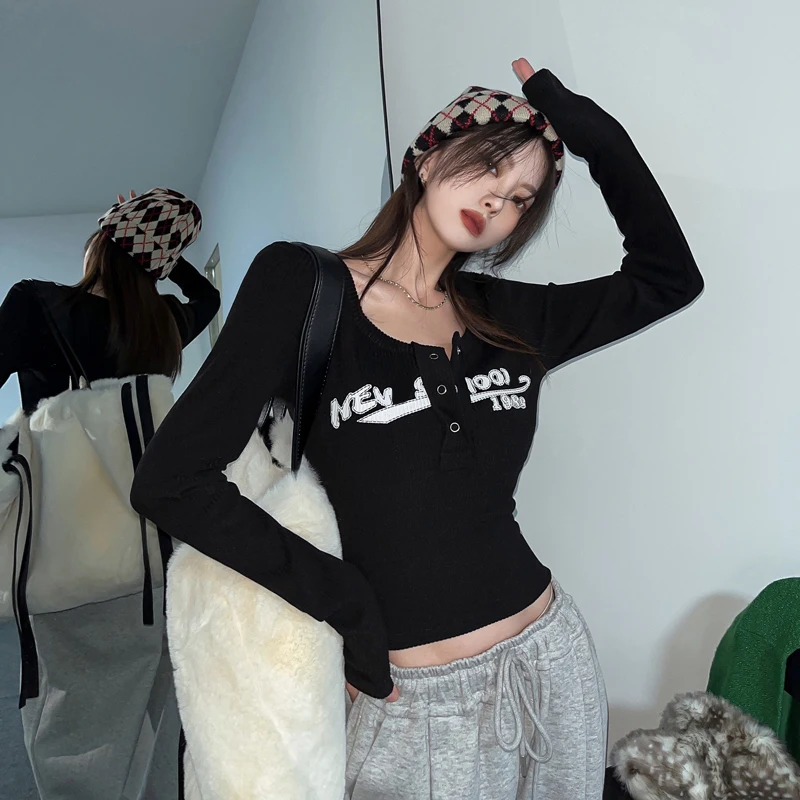 Y2k Long-sleeved T-shirt | Knitted Tight-fitting Short Inner Long-sleeved Tops