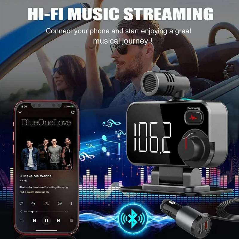 

3X Bluetooth FM Transmitter For Car QC3.0 Car Radio Adapter Dual USB External Microphone FM Hand-Free Calling MP3 Player