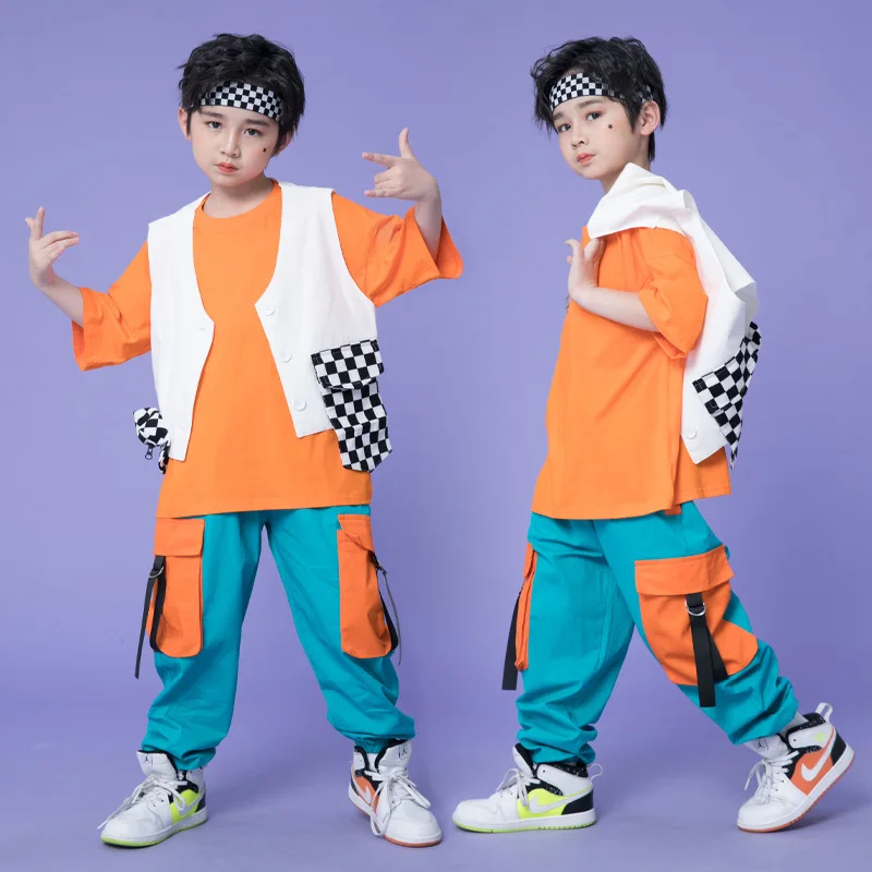 

Children Hip Hop Plaid Vest Contrast Cargo Pants Clothes Sets Girls Streetwear Boys Joggers Outfits Kids Street Dance Costumes