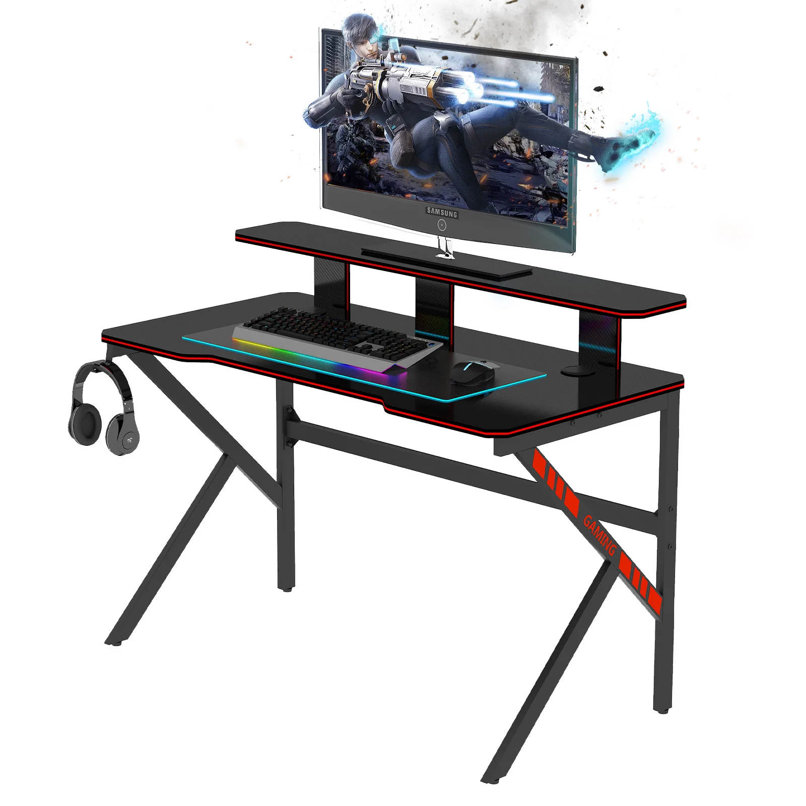 

[Flash Sale]New Arrive Large Gaming Table K Shape Black MDF Gaming Desk 47.2"x23.6"x29.5" with Headset Cup & PC Holder[US-W]