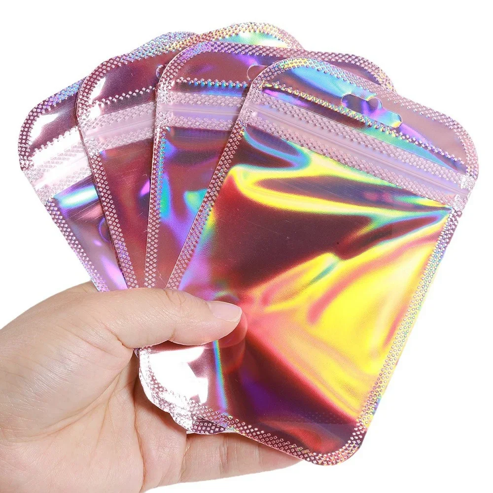 50pcs 100pcs Pink Laser Ziplock Bags Reusable Plastic Transparent Bags for Jewelry Packaging Cosmetic Retail Display Bags 6
