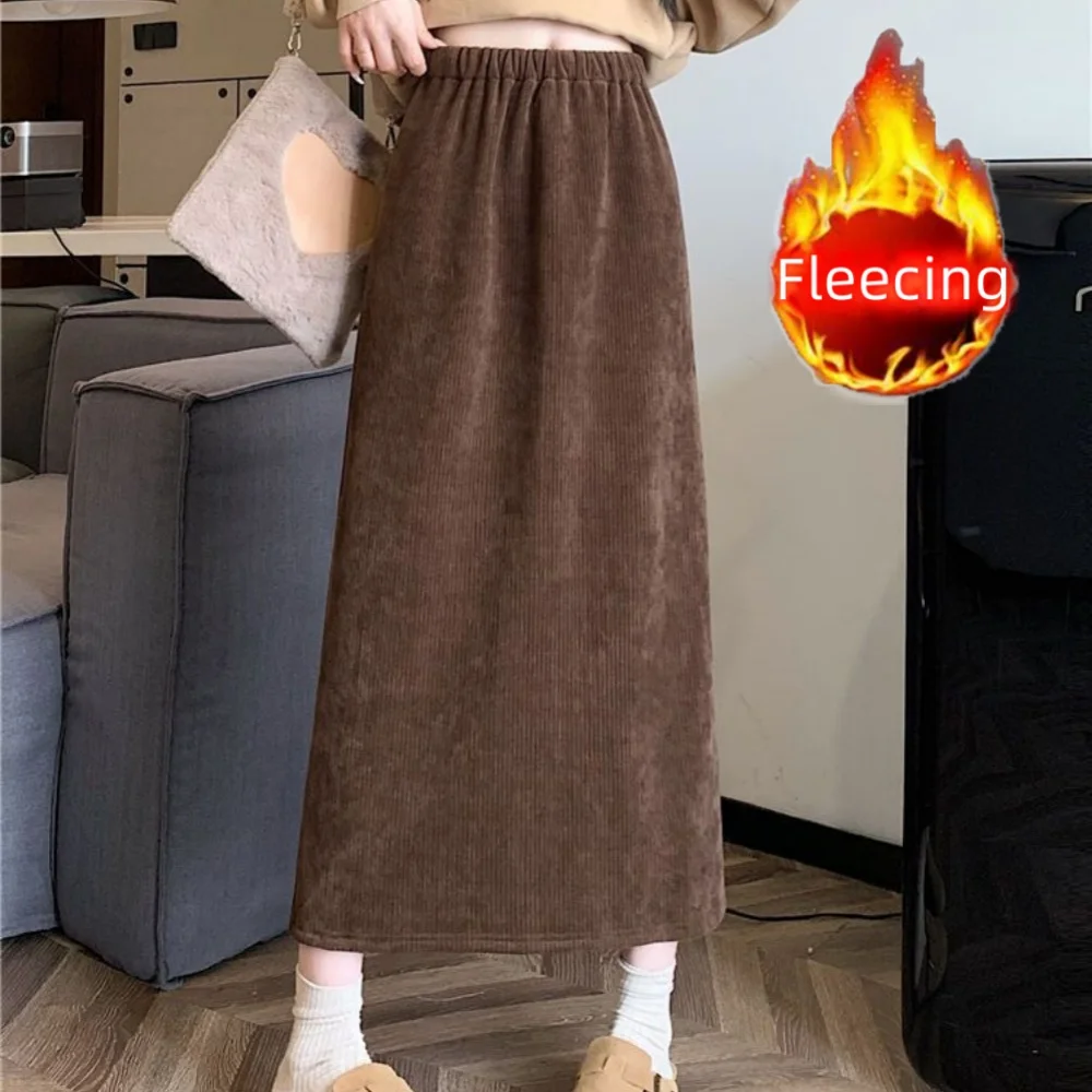 Vintage Elegant Office Lady's A-Line Skirt Back Slit Elastic Waist Thick Women's Skirt New In Winter Fleece Warm Female's Skirt 4