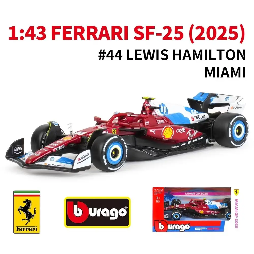نموذج سيارة فيراري SF25 ميامي ستيشن F1 فورمولا ون من بوراجو بمقياس 1:43 للعرض والتجميع والهدايا